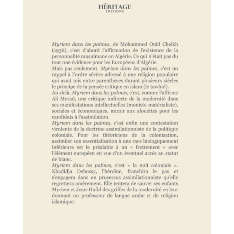 Myriem dans les palmes - Mohammed Ould Cheikh - edition héritage